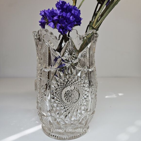 Vtg Brunswick Brilliant Cut Clear Floral Glass Vase Hobstar Sawtooth Rim/ READ - Picture 10 of 12